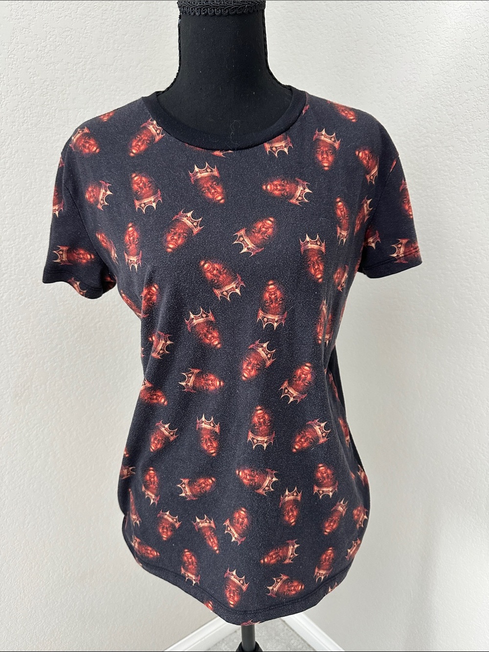 Black Short-Sleeve Graphic Tee with Red Allover Motif